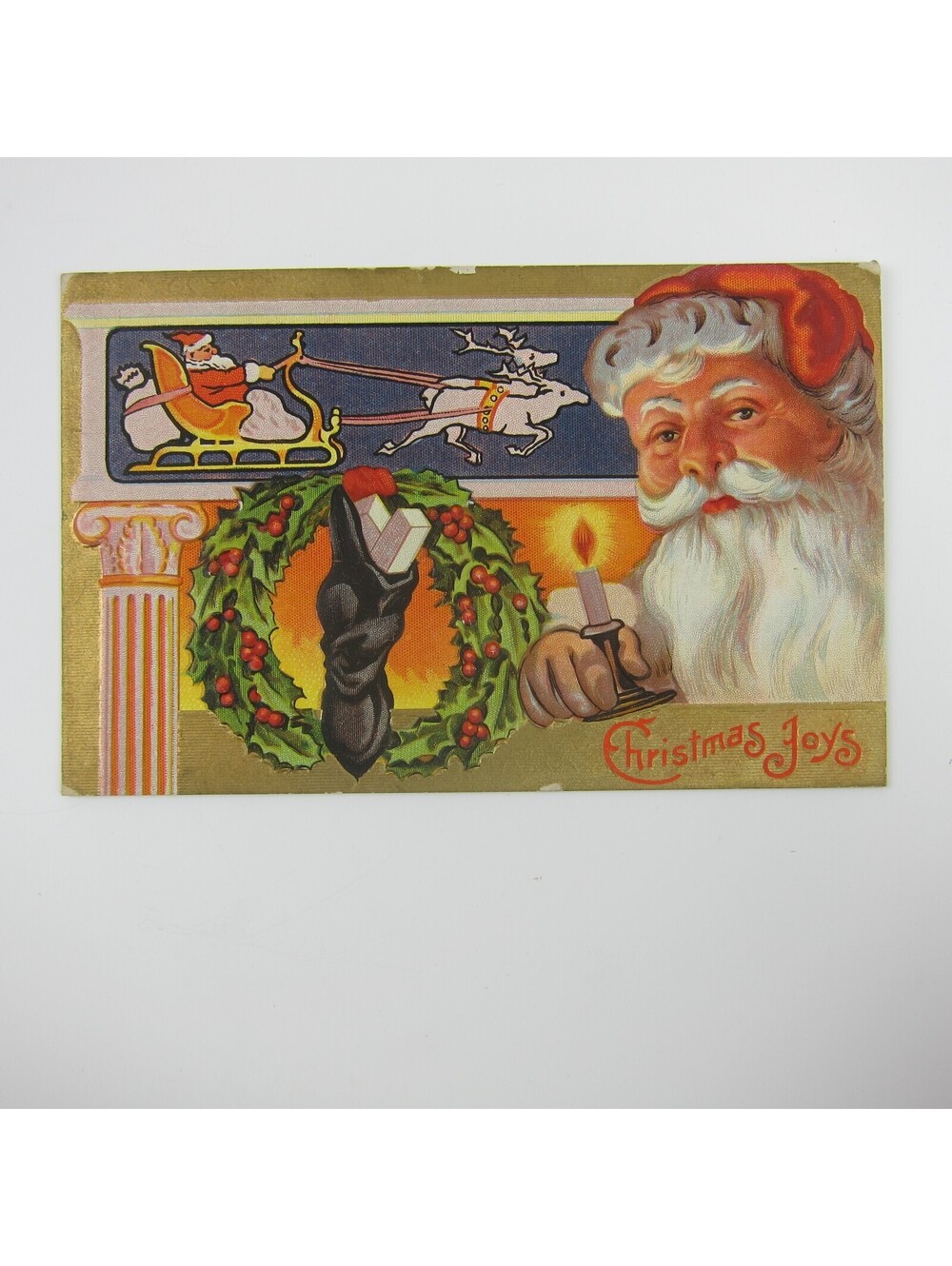 Christmas Postcard Santa Sleigh Reindeer Holly Wreath Gold Embossed Antique 1909